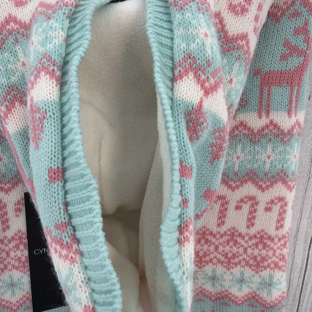 Fair Isle Dog Sweater LARGE Pink Aqua Nordic Hooded Reindeer Candy Canes Winter